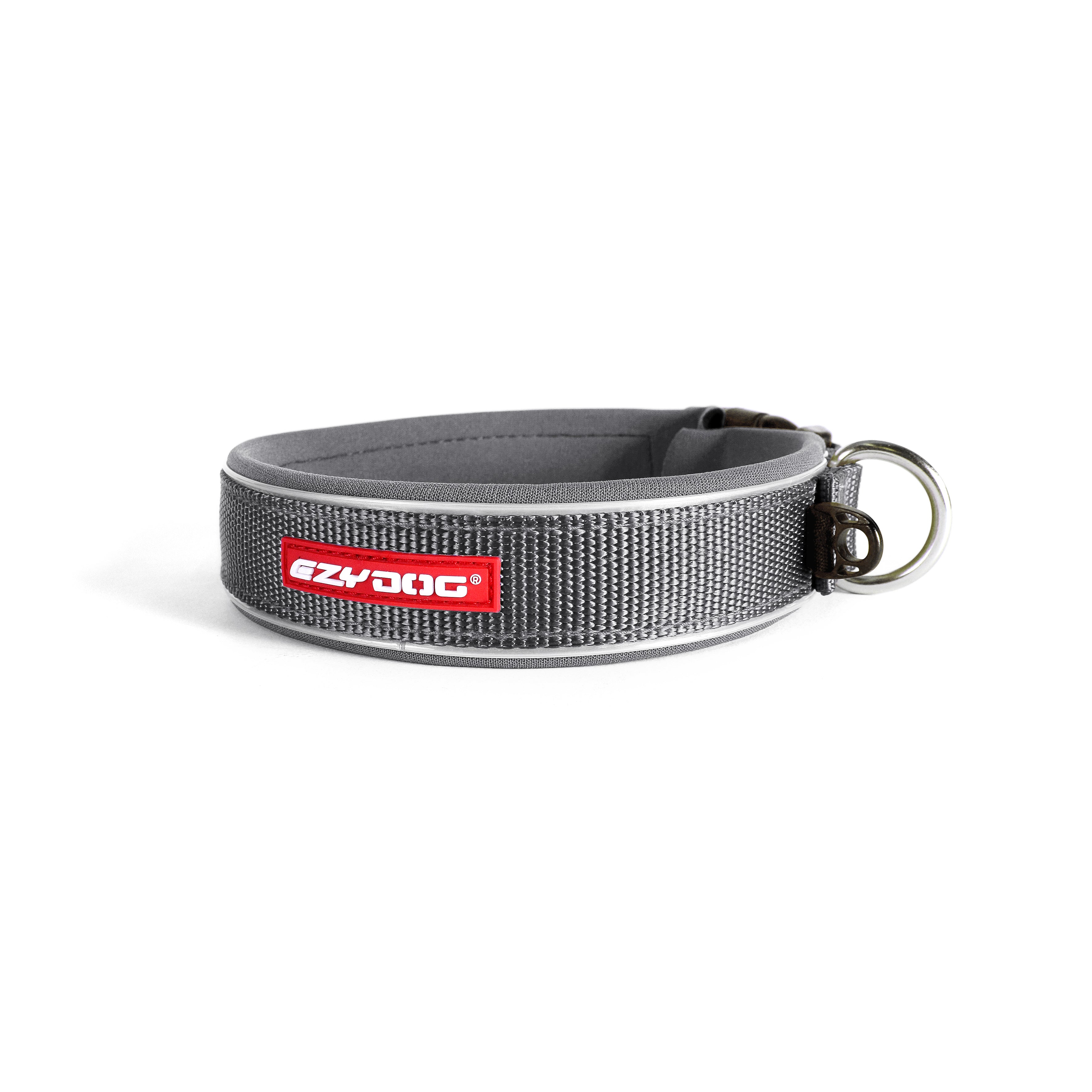 EzyDog grey dog collar with red branding and durable stitching.