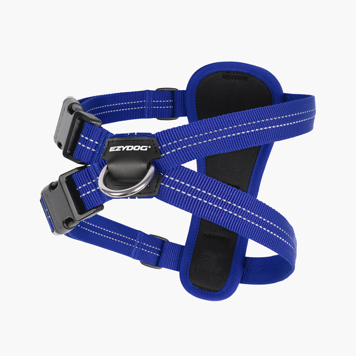 Blue dog harness with EzyDog branding on a white background
