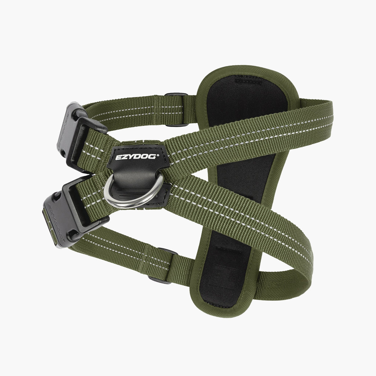 Green dog harness with EzyDog branding on a white background