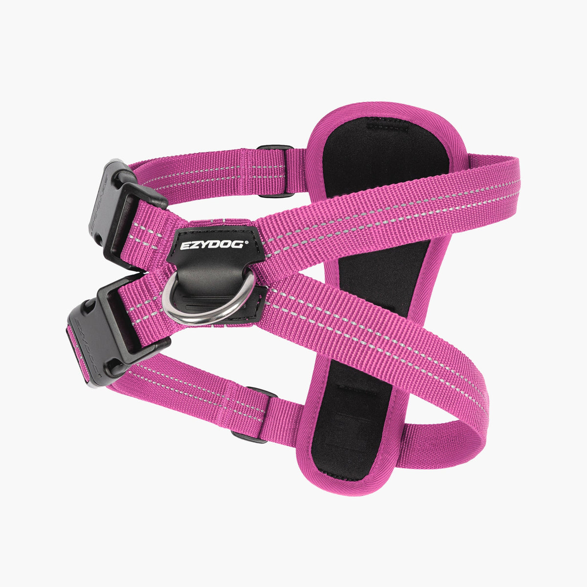 Pink dog harness with EzyDog branding on a white background