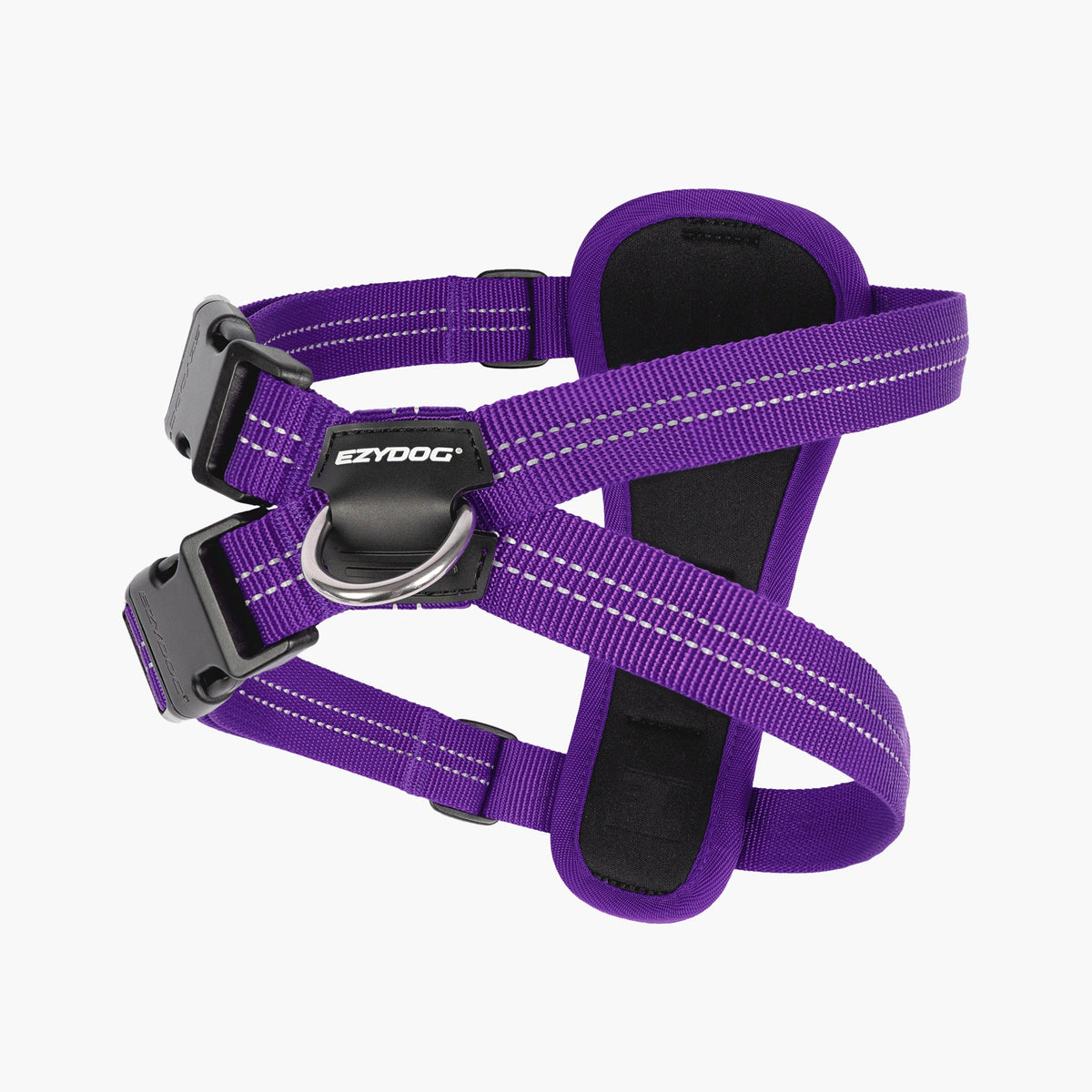 Purple dog harness with EzyDog branding on a white background