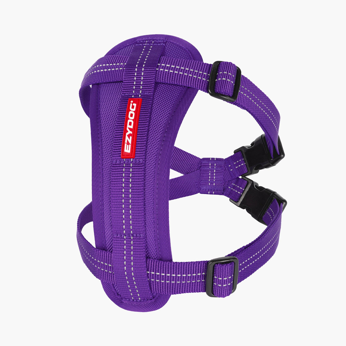 Purple dog harness with EzyDog label on a white background