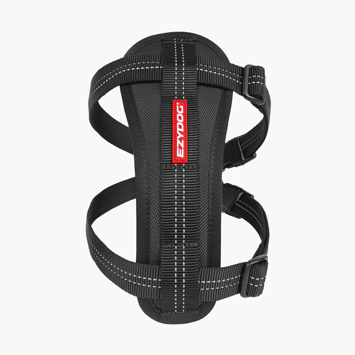 Black dog harness with EzyDog logo on a white background