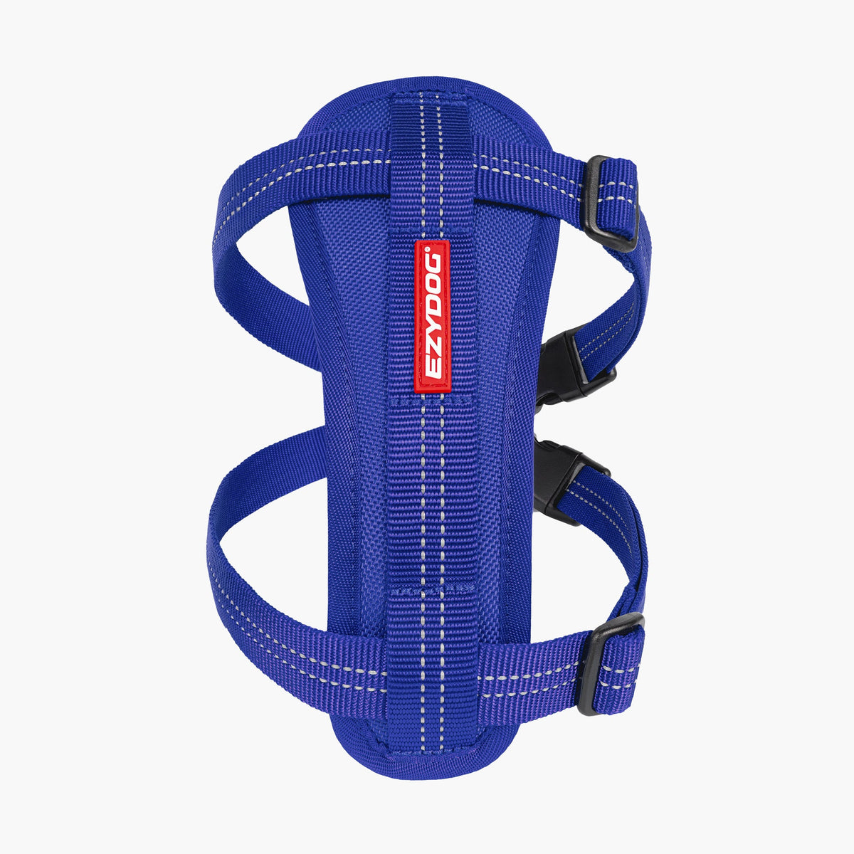 Blue dog harness with EzyDog label on a white background