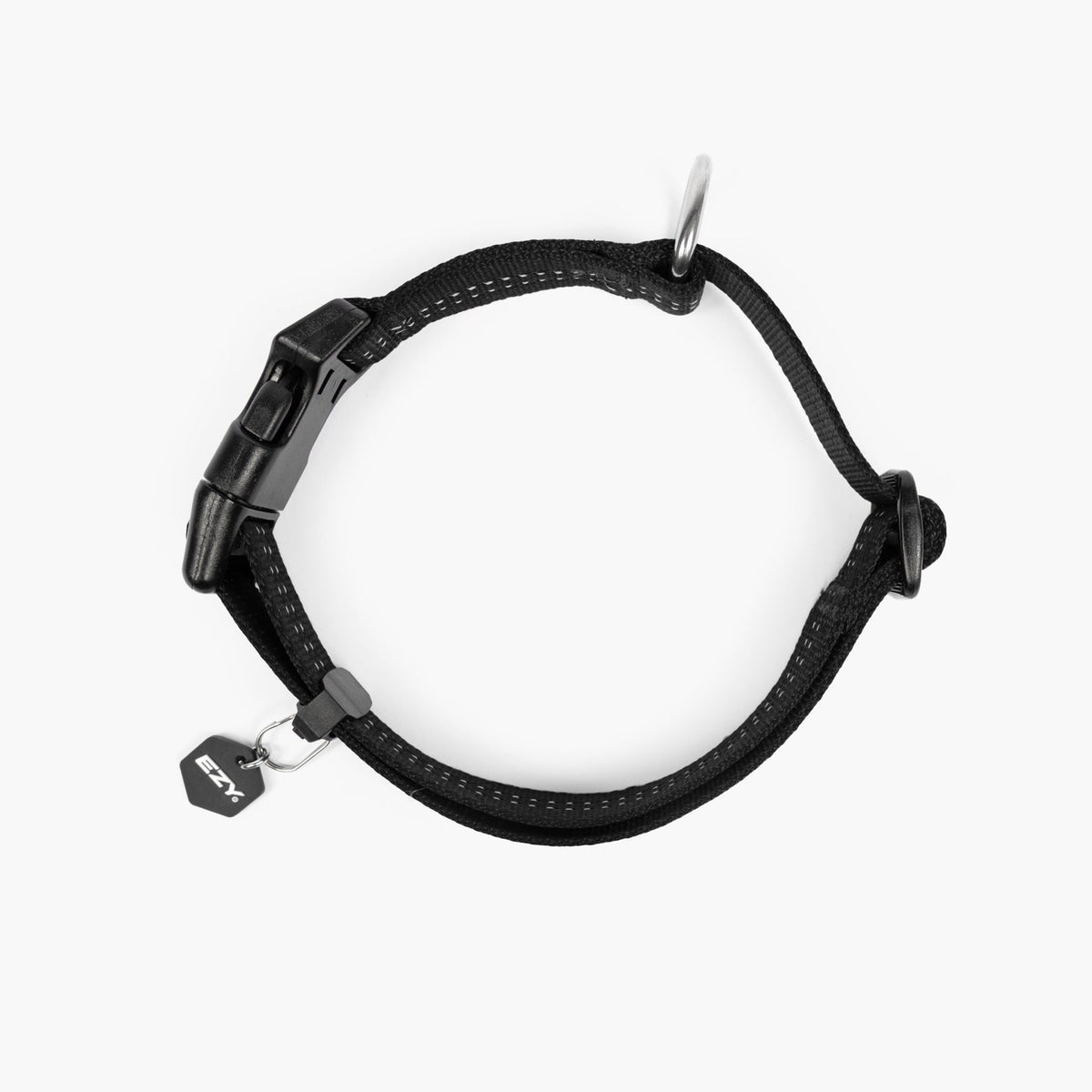 Black dog collar with a metal buckle on a white background
