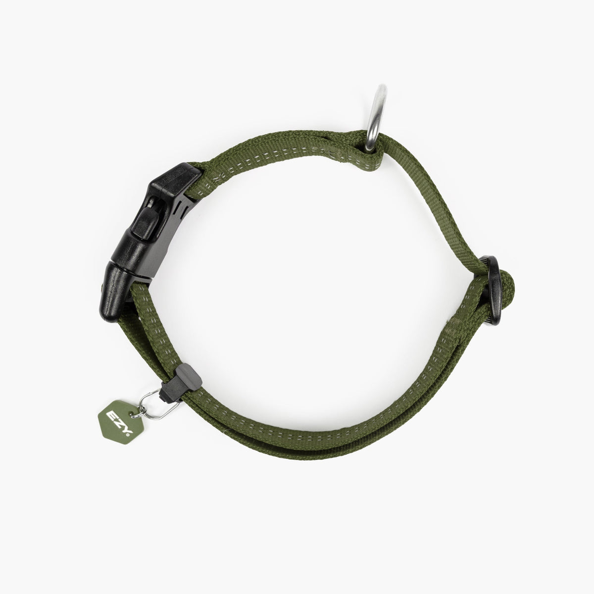 Green dog collar with black hardware on a white background