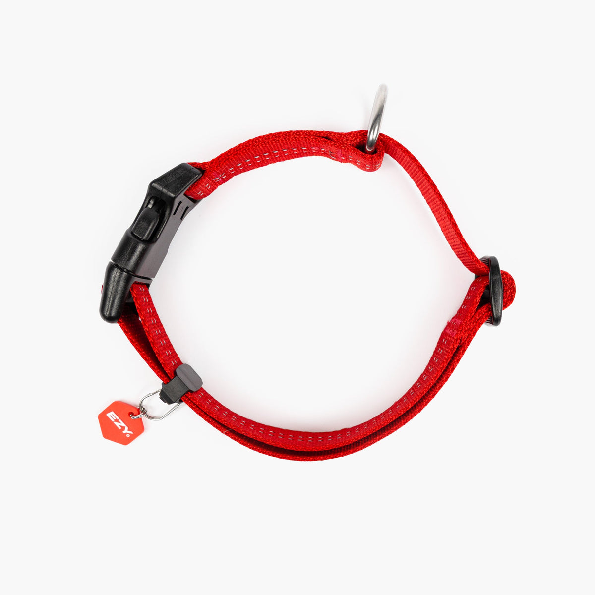 Red dog collar with black hardware on a white background