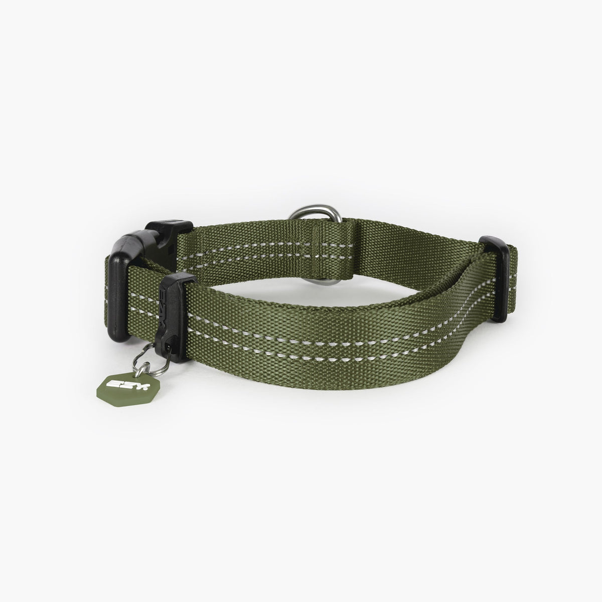 Green dog collar with reflective stripes on a white background