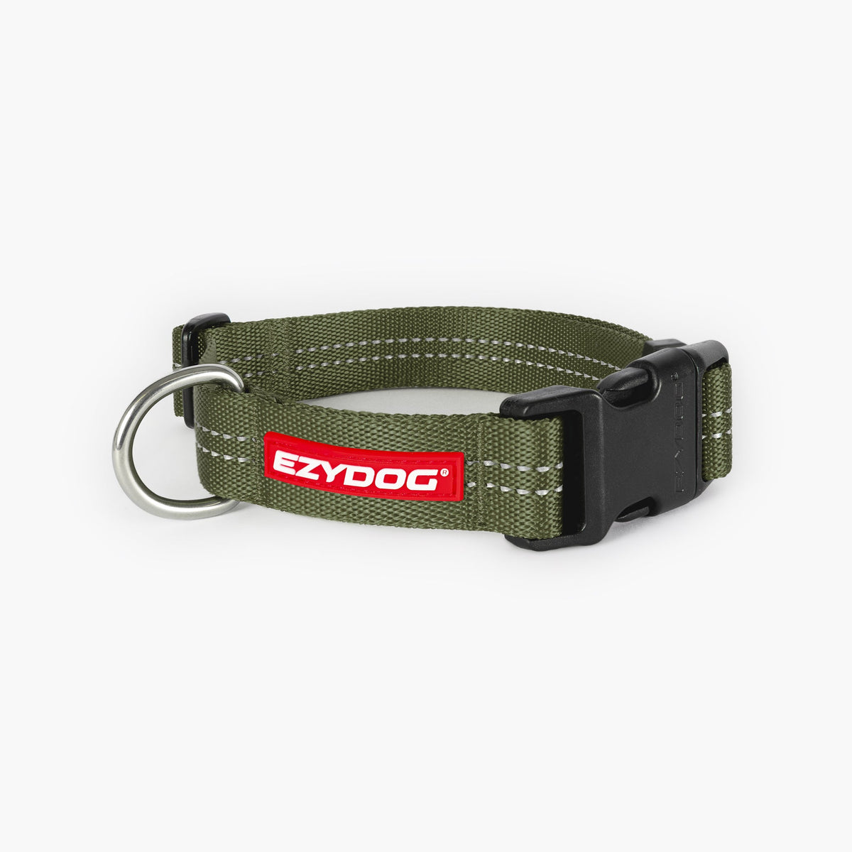 Green dog collar with EzyDog logo on a white background