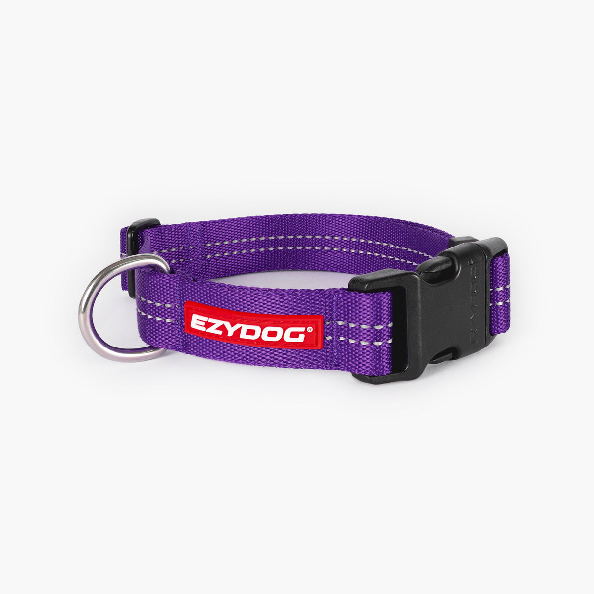 Purple dog collar with EzyDog logo on a white background