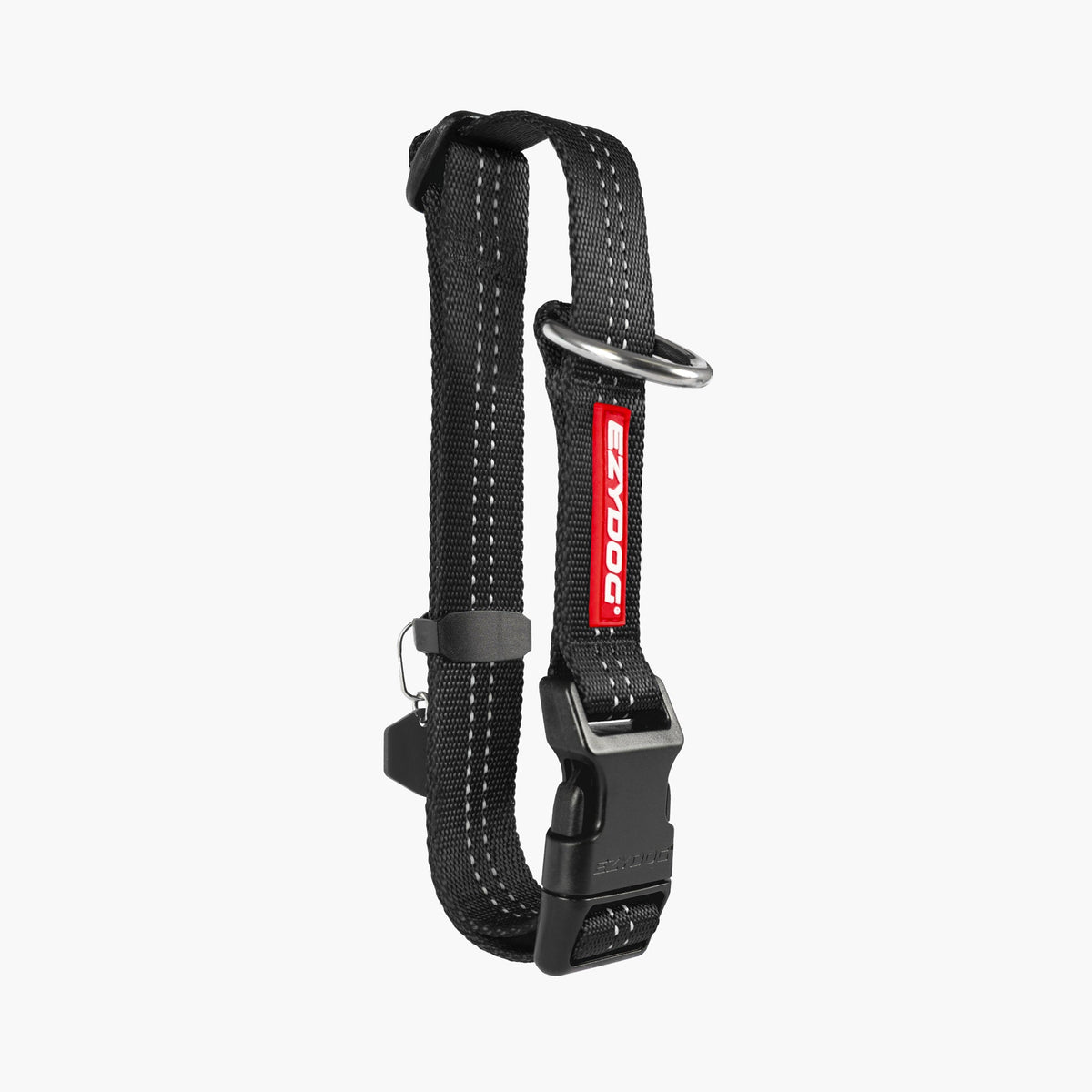 Black dog collar with a red and white brand logo on a white background