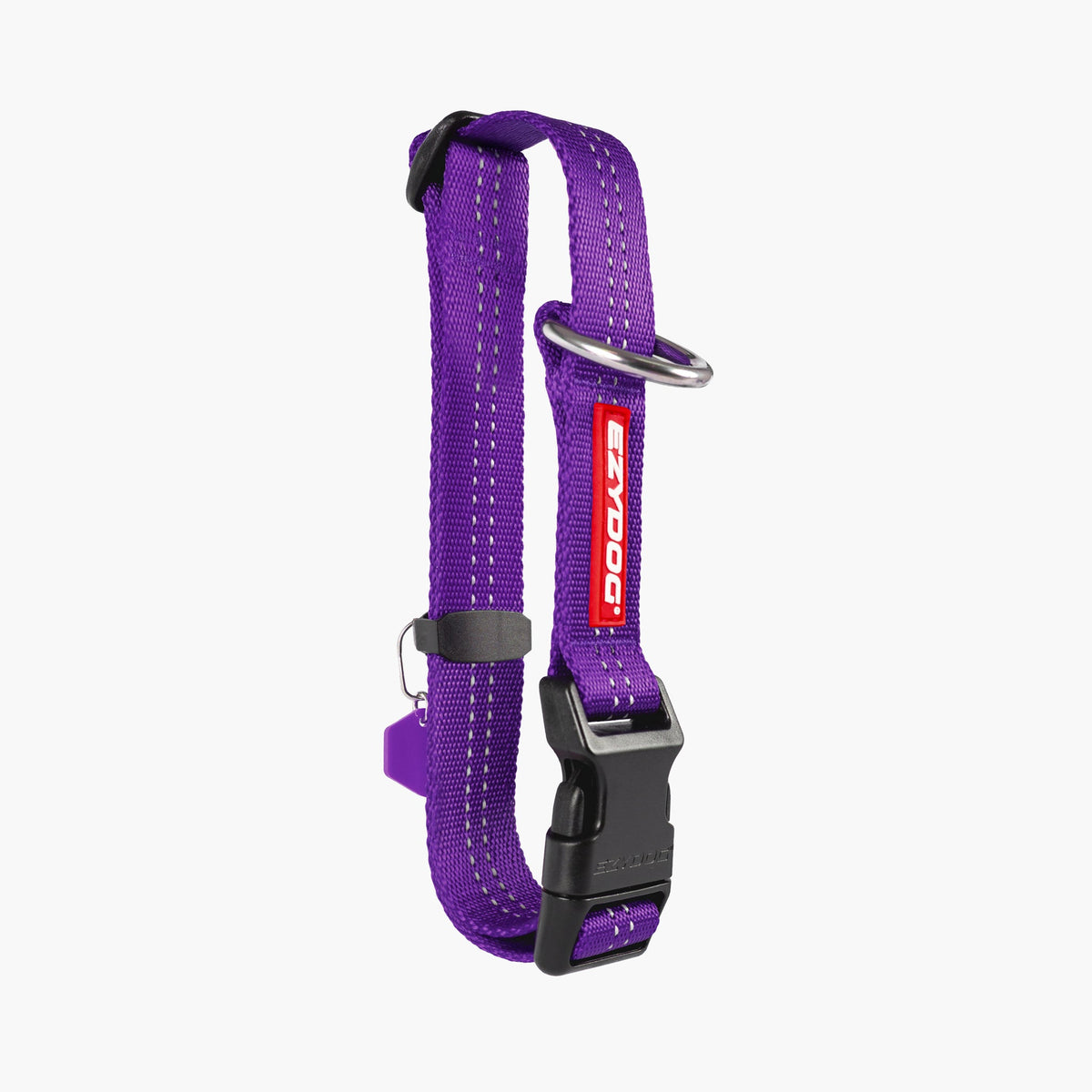 Purple dog collar with a red and white brand logo on a white background