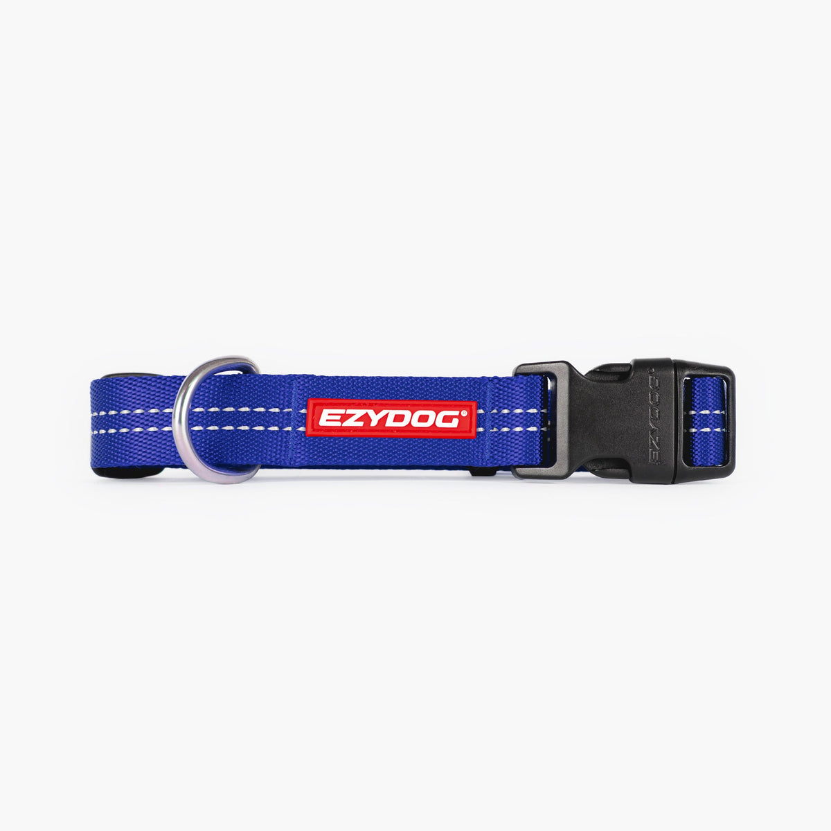 Blue dog collar with EzyDog logo on a white background