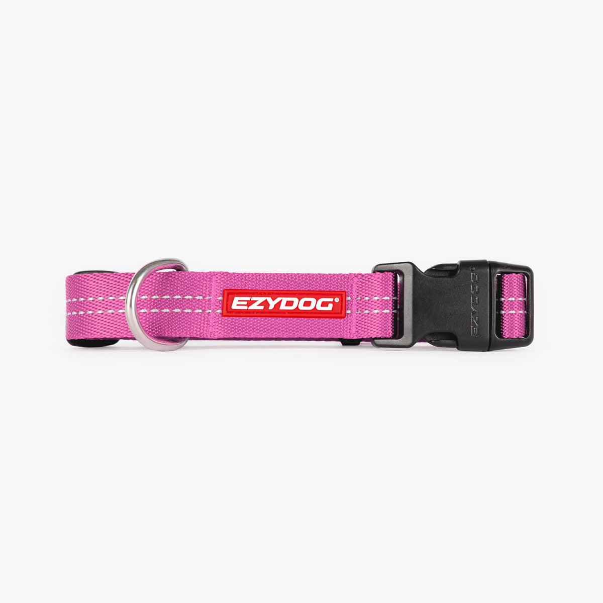 Pink dog collar with EzyDog logo on a white background