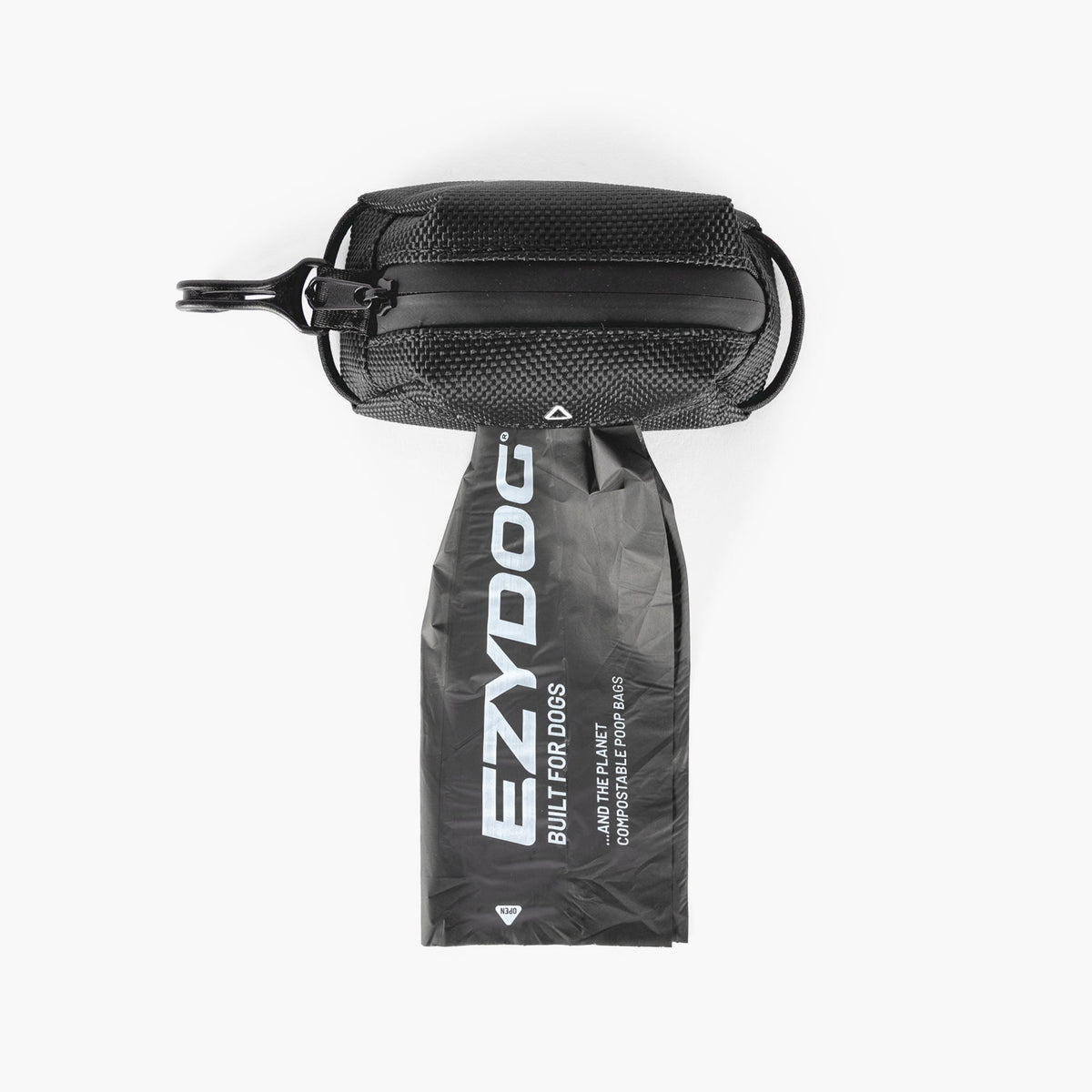 Black Essential Dog Poop Bag Holder with EzyDog branding on a white background
