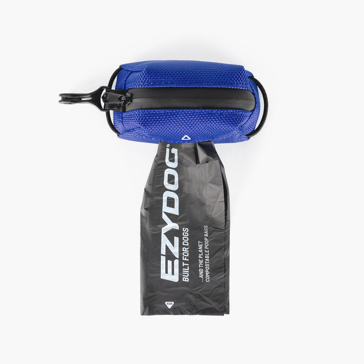 Blue Essential Dog Poop Bag Holder with black strap on a white background