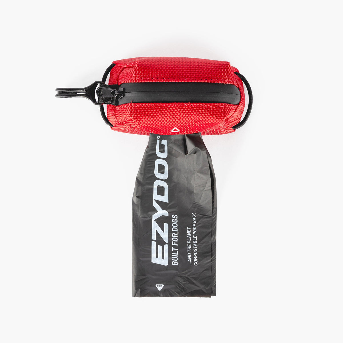 Red Essential Dog Poop Bag Holder with black zipper on a white background
