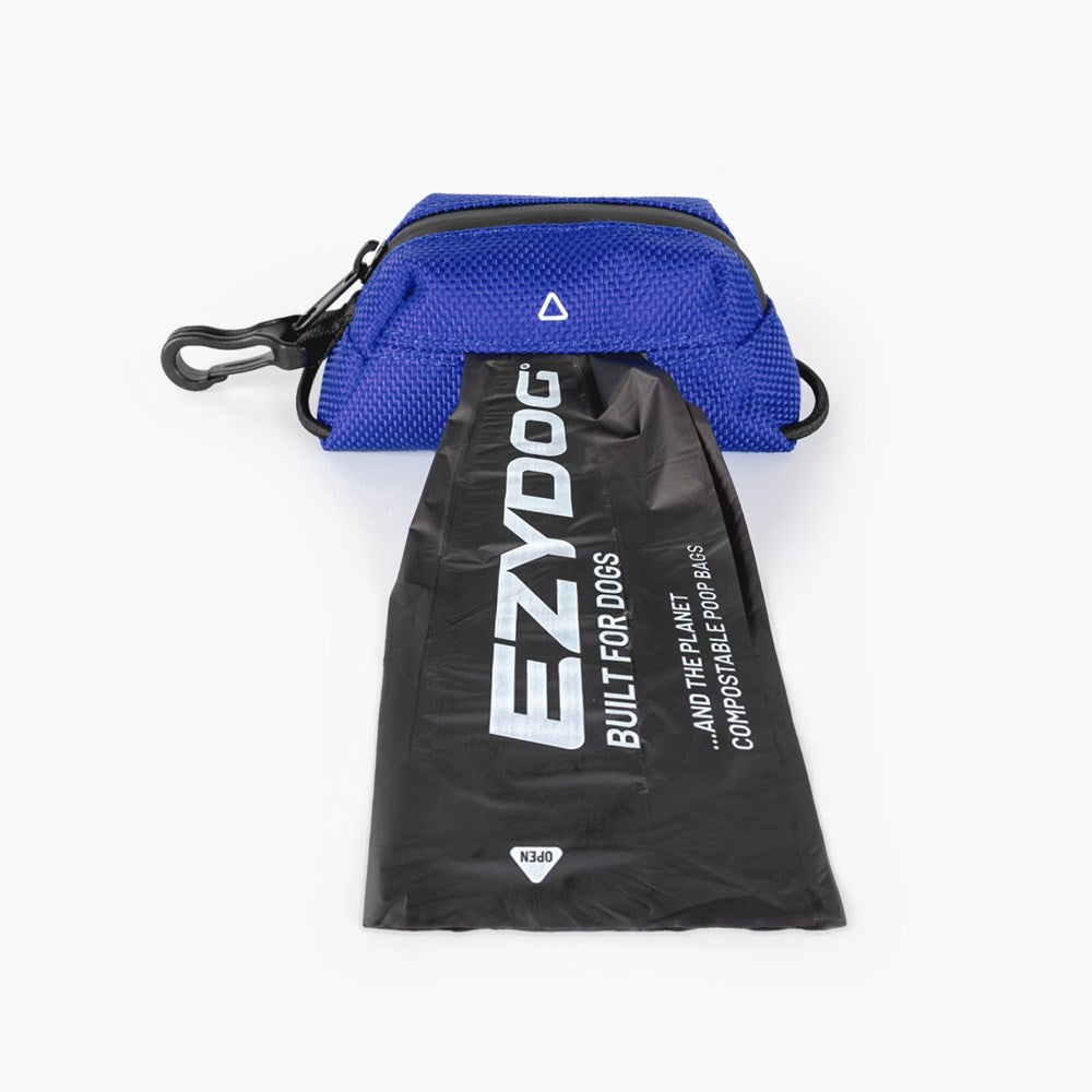 Blue pet waste bag dispenser with black drawstring bag featuring 'EzyDog' branding on a white background.