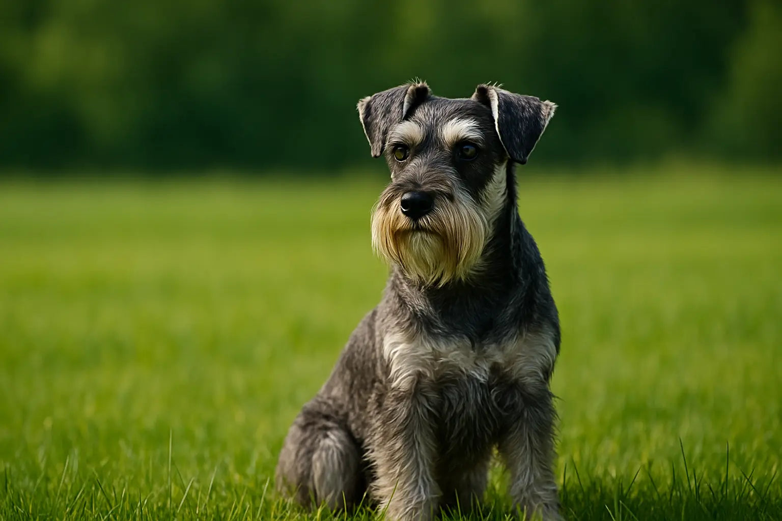 Miniature Schnauzer sitting on a lush green grass field under soft sunlight.