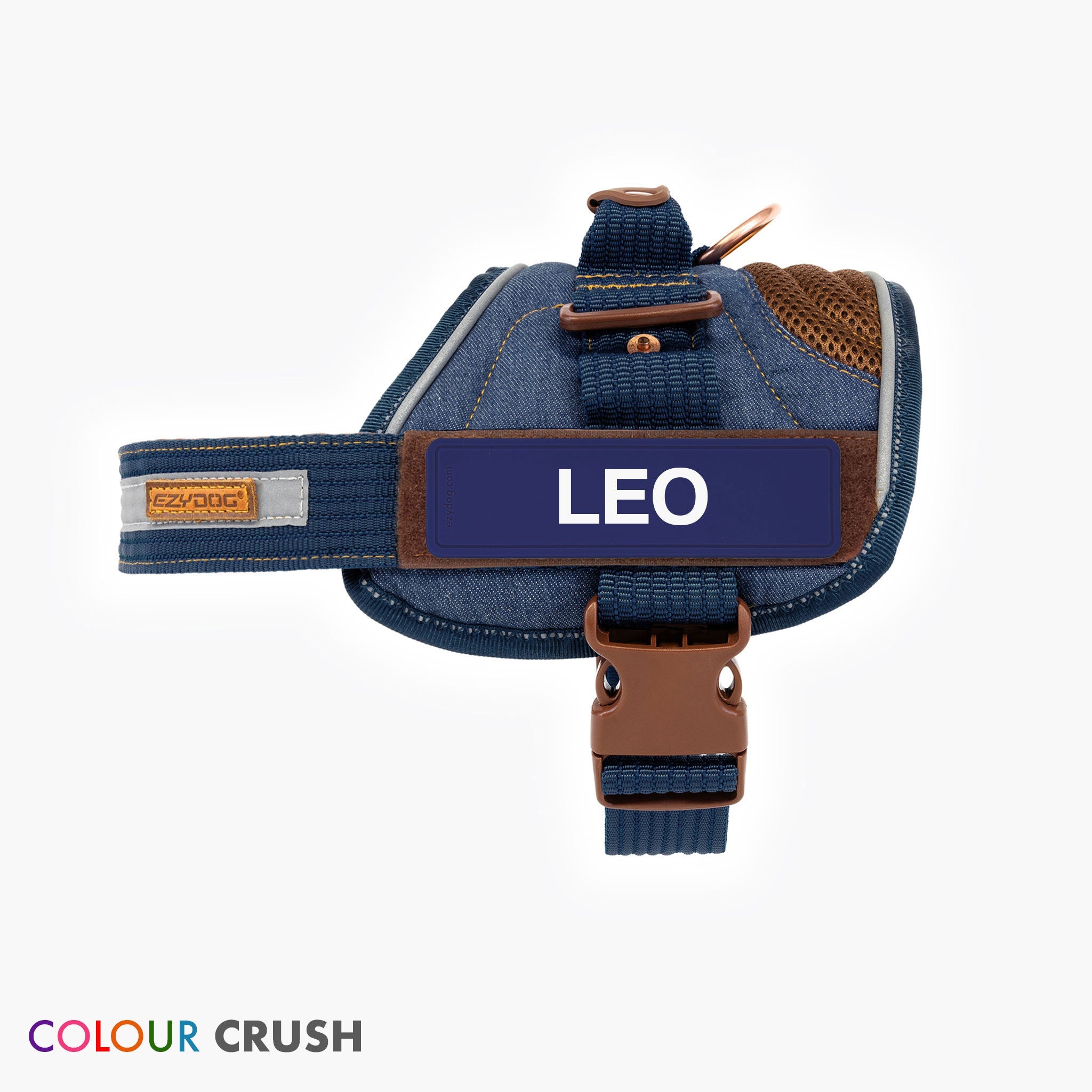 EzyDog blue denim dog harness with a custom name tag 'LEO' attached.