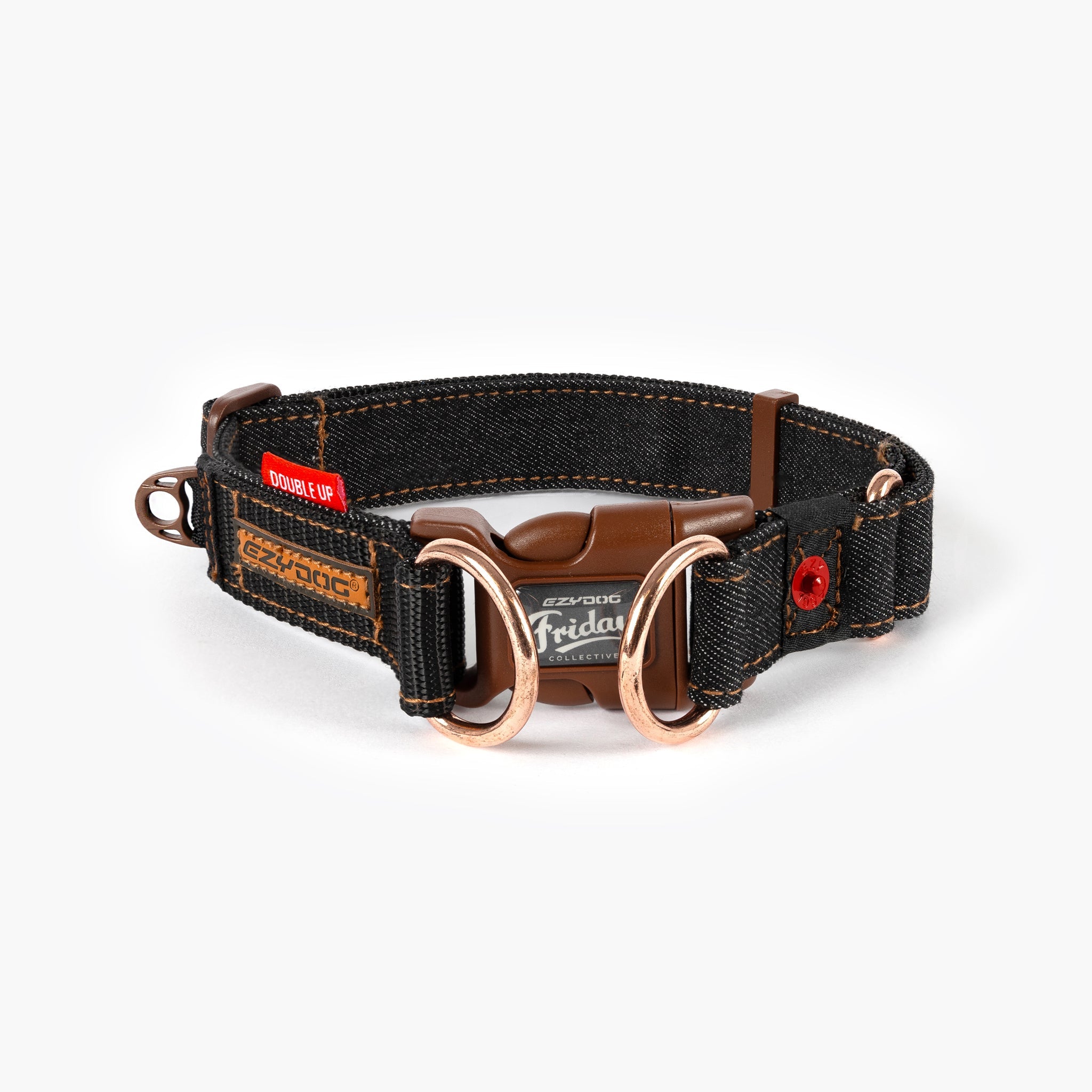 EzyDog Double Up Collar in black denim with dual D-rings.