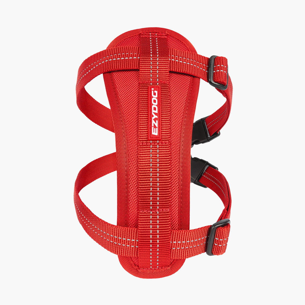 Red dog harness with 'EzyDog' branding on a white background
