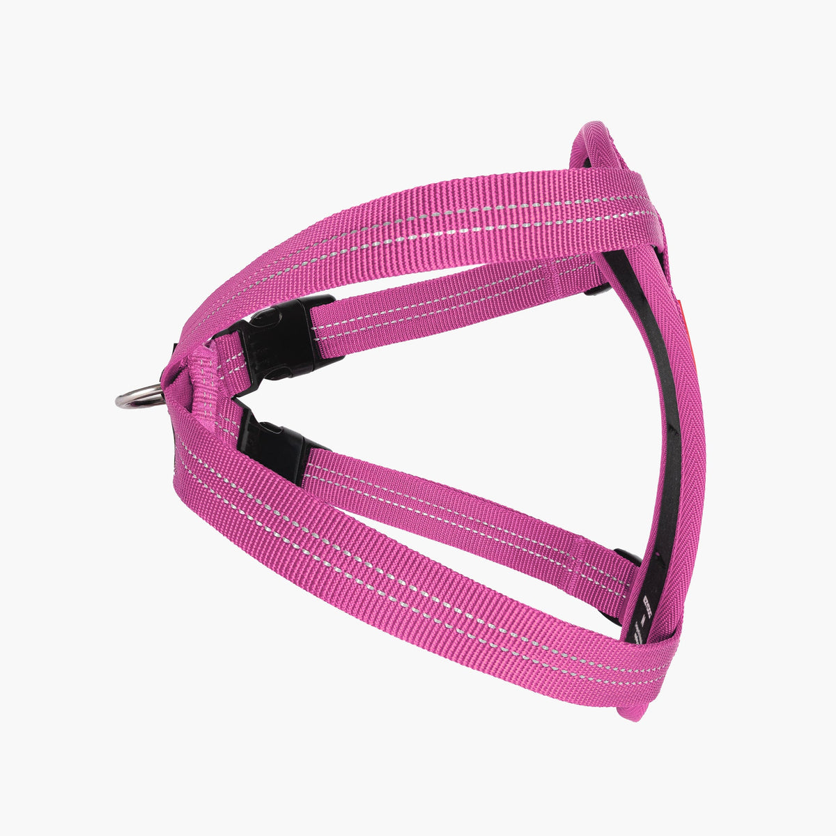 Pink dog harness with reflective stripes on a white background