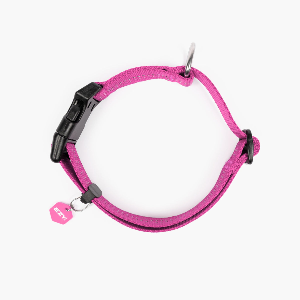 Pink dog collar with black hardware on a white background