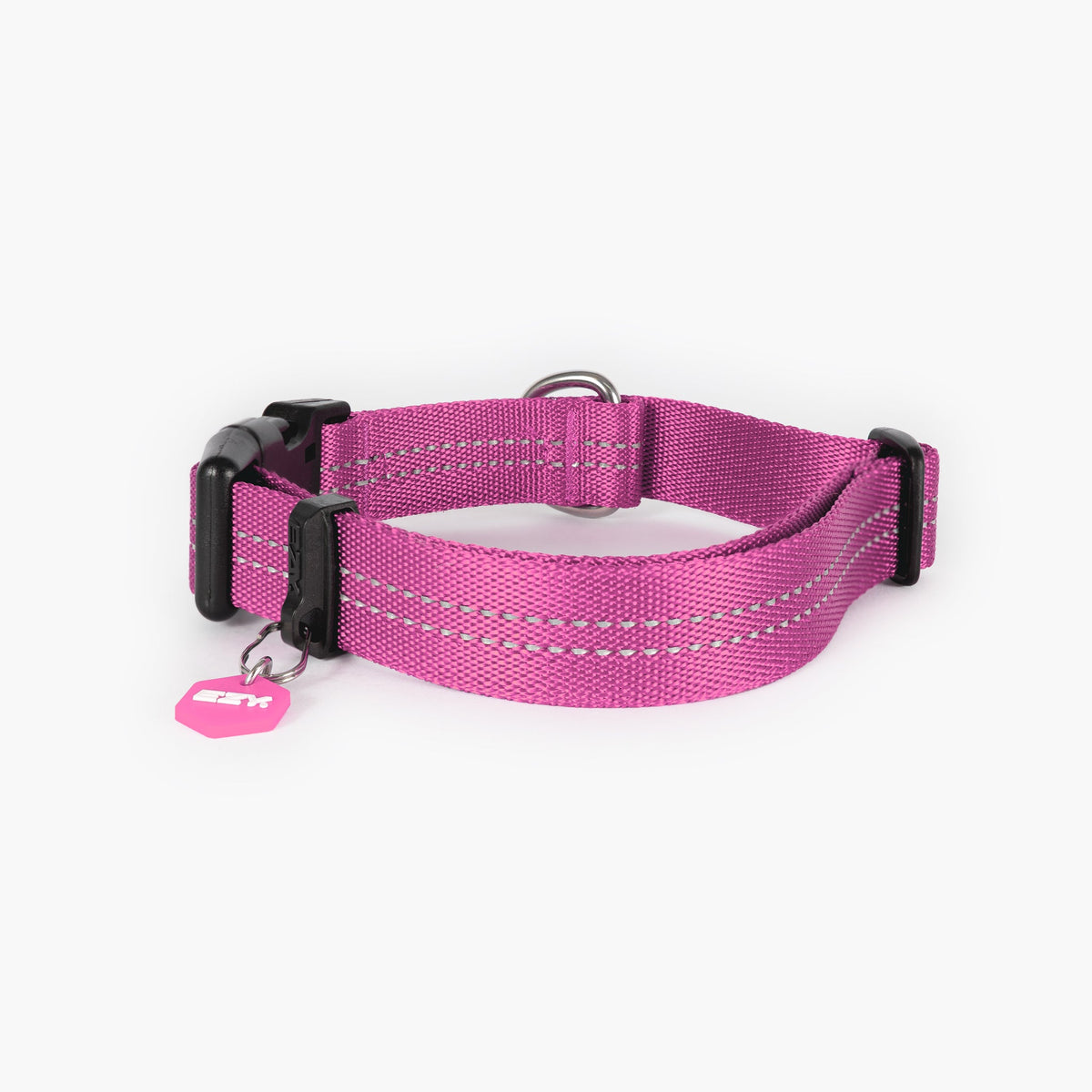 Pink dog collar with reflective strip on a white background