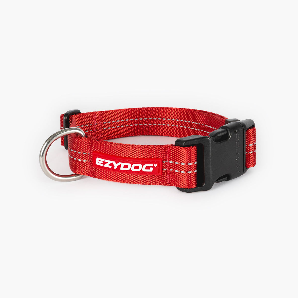 Red dog collar with EzyDog logo on a white background