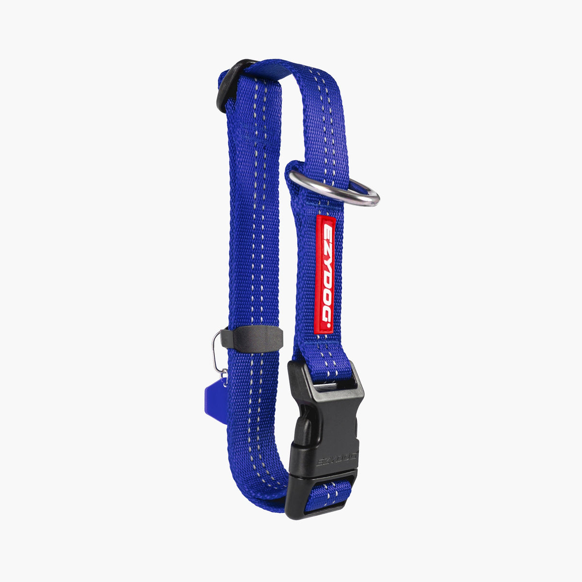 Blue dog collar with a red and white logo on a white background