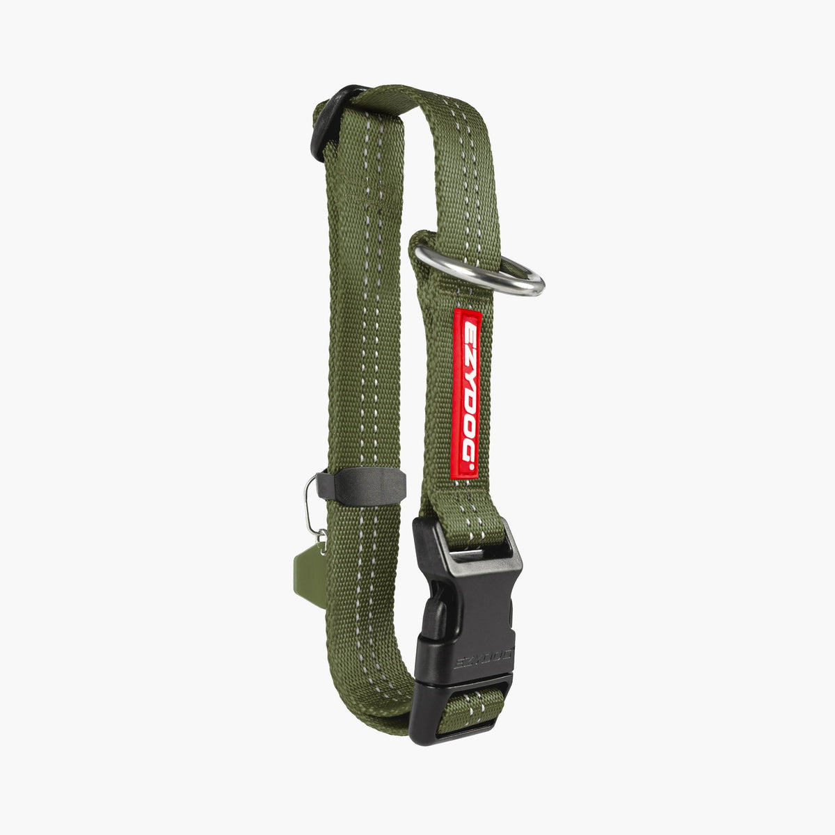 Green dog collar with a red and white tag on a white background