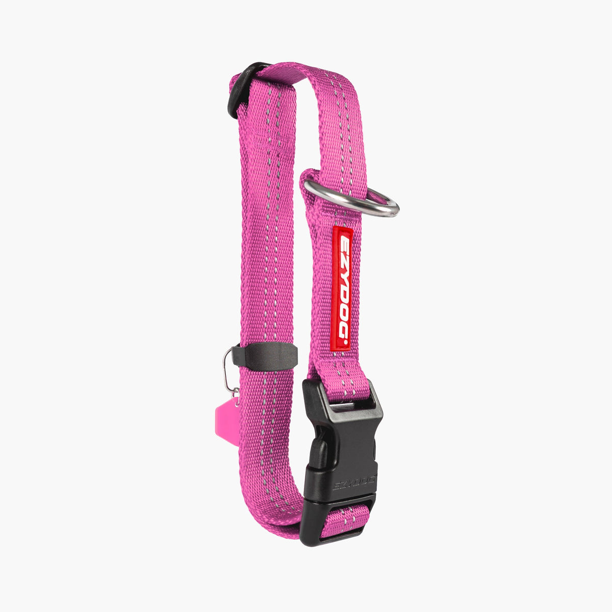 Pink dog collar with a black buckle and red tag on a white background