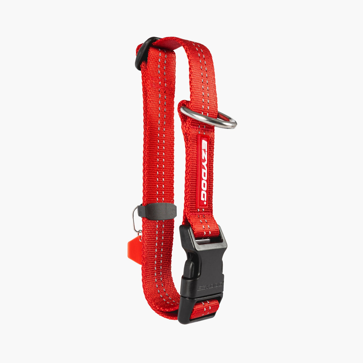 Red dog collar with black hardware on a white background
