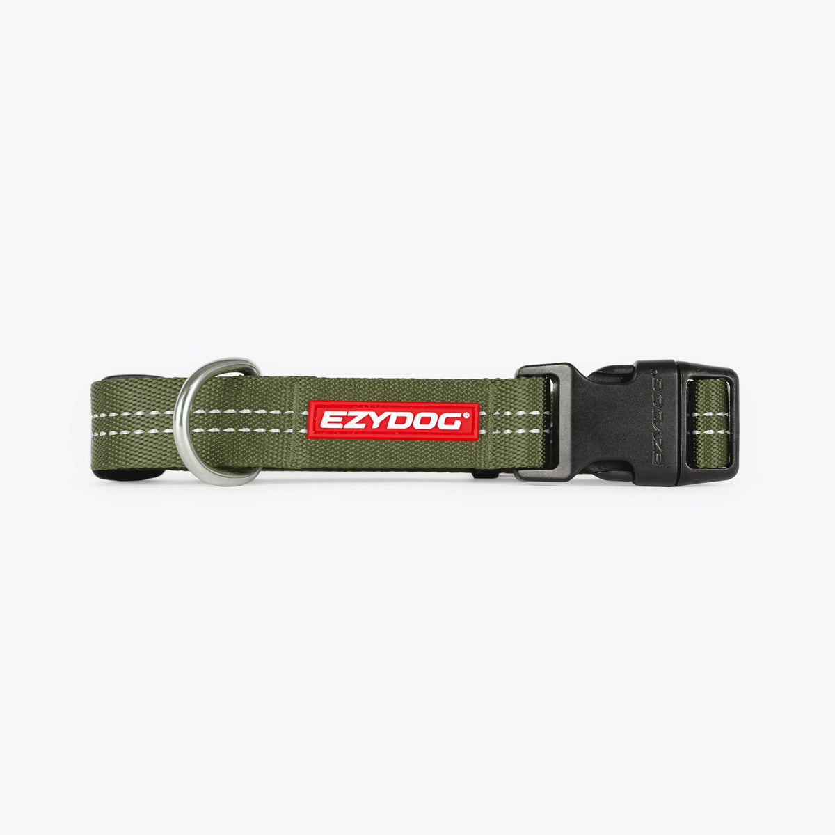 Green dog collar with EzyDog logo on a white background
