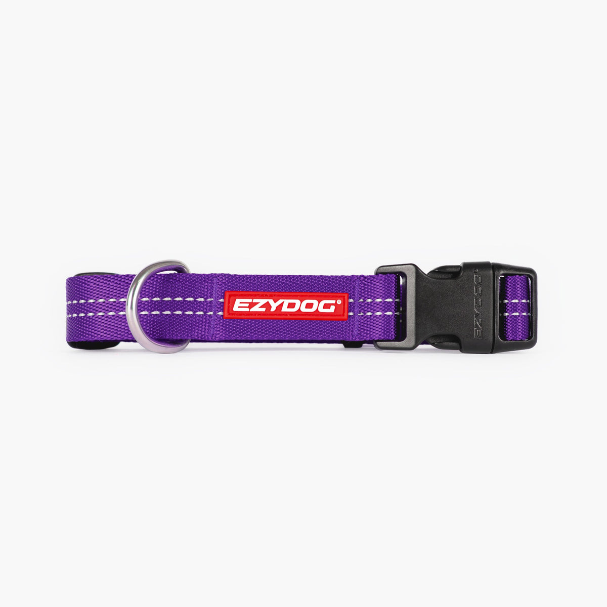 Purple dog collar with EzyDog logo on a white background