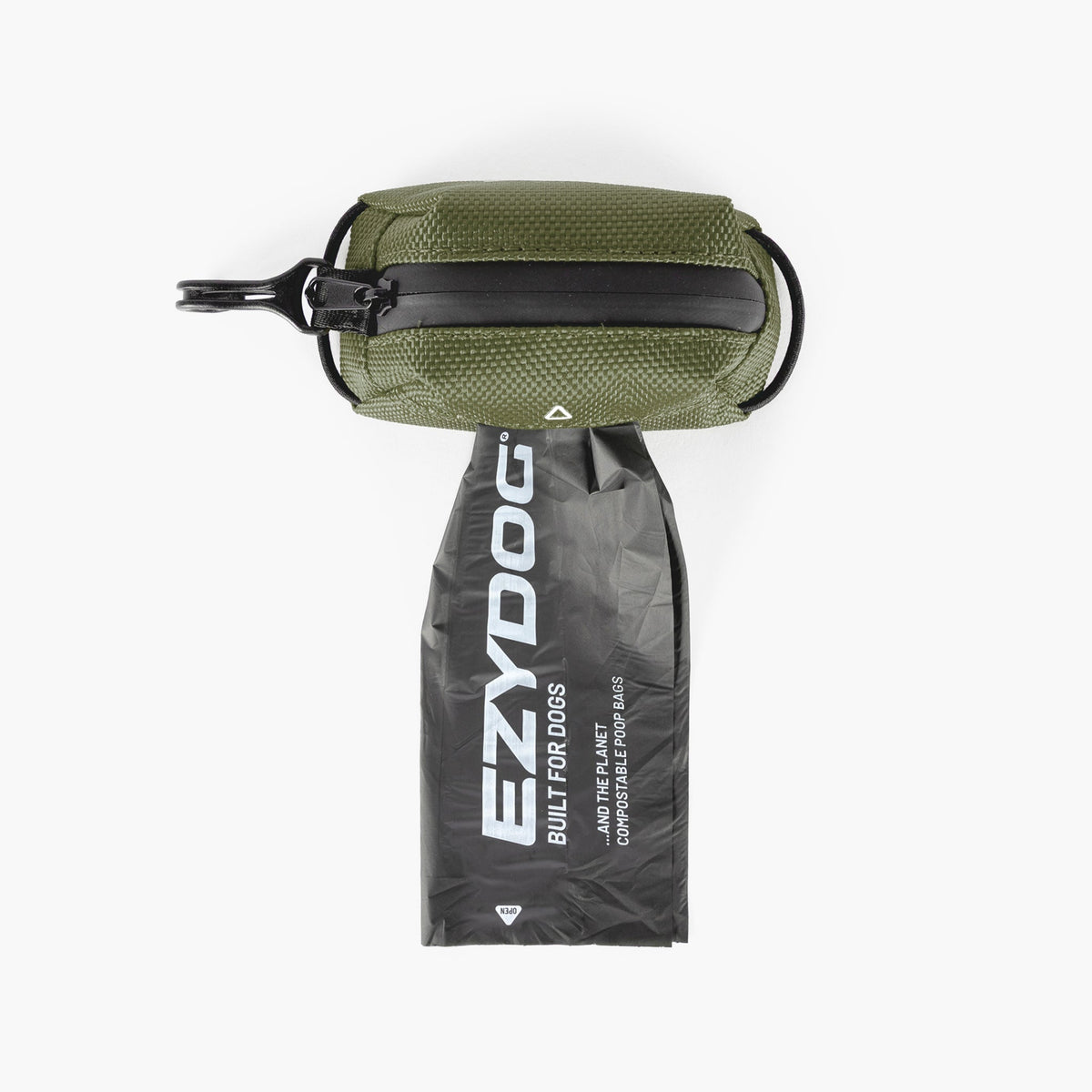 Green pet waste bag holder with black zipper on a white background, featuring the EzyDog brand.