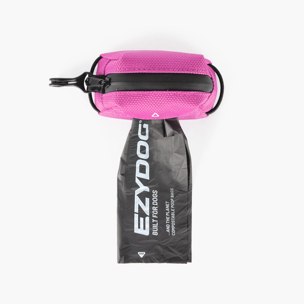 Pink Essential Dog Poop Bag Holder with black zipper on a white background