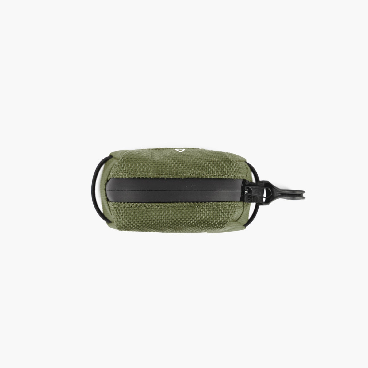Green pouch with a black zipper on a white background