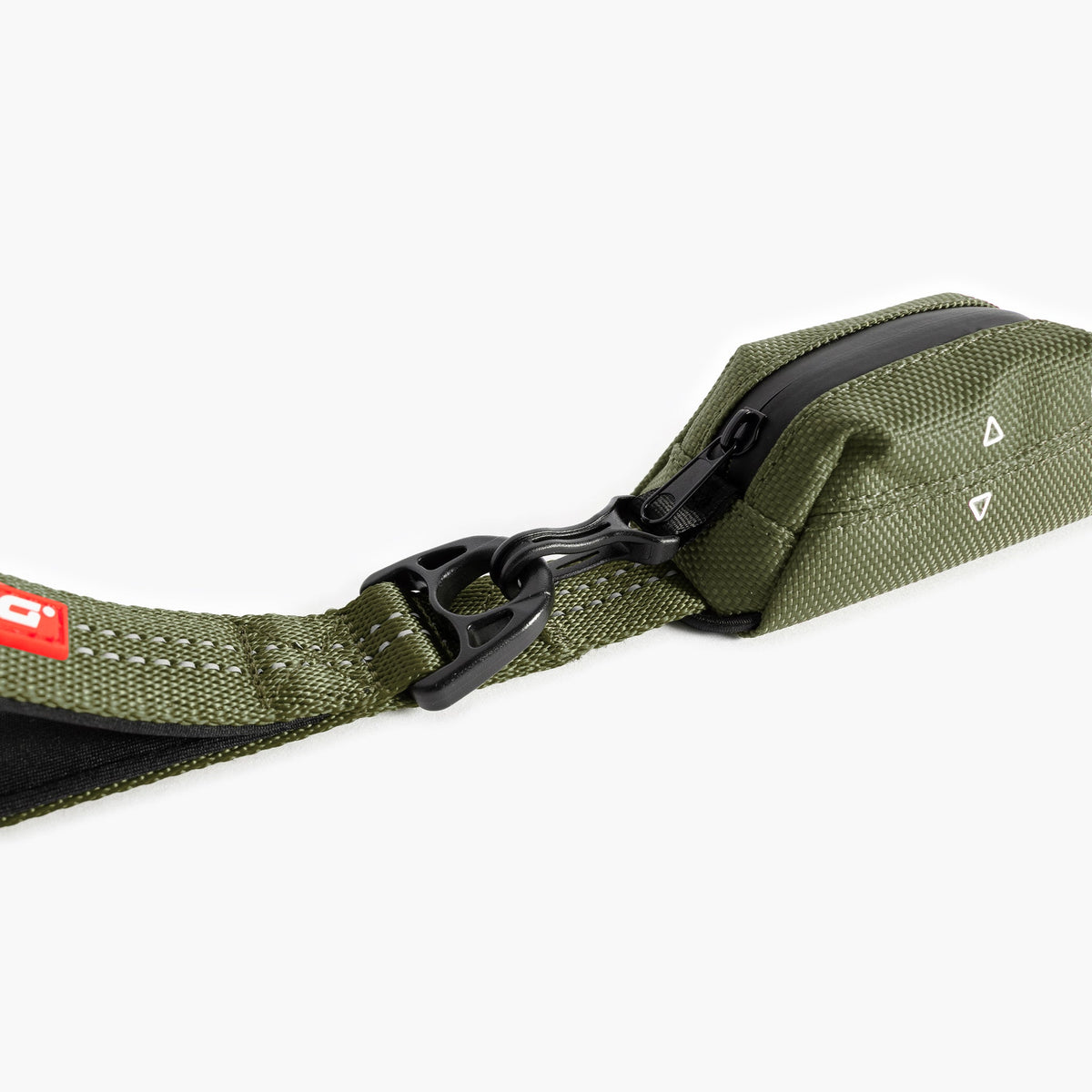 Green dog leash with a black clip on a white background
