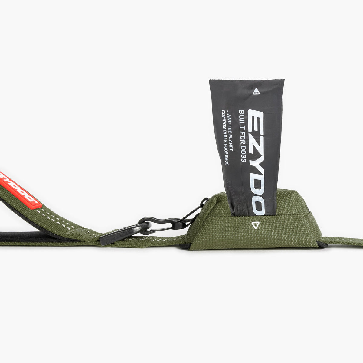 Green dog leash with a black pouch labeled 'EZYDOG' on a white background