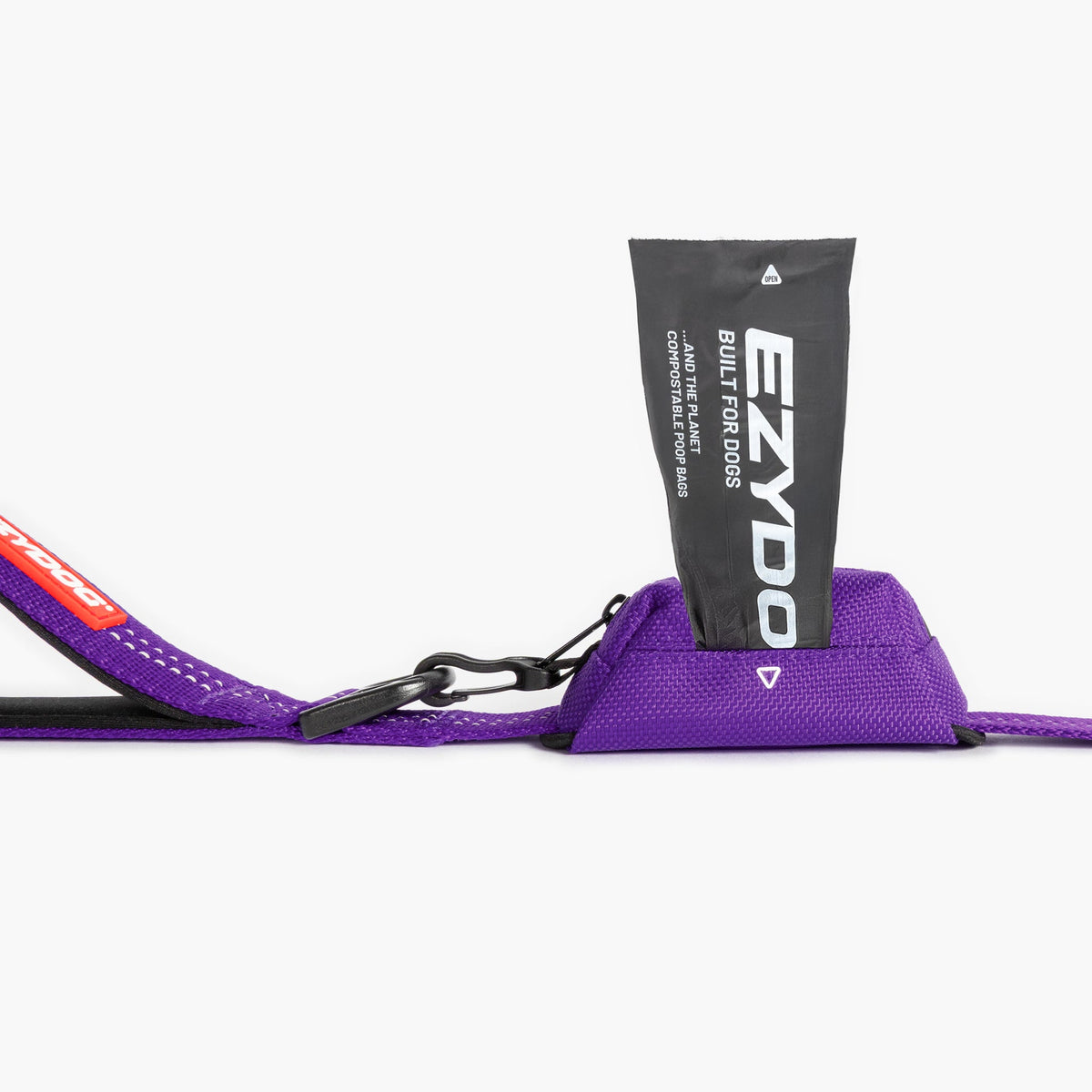 Purple Essential Dog Poop Bag Holder with a black pouch labeled 'EZYDOG' on a white background