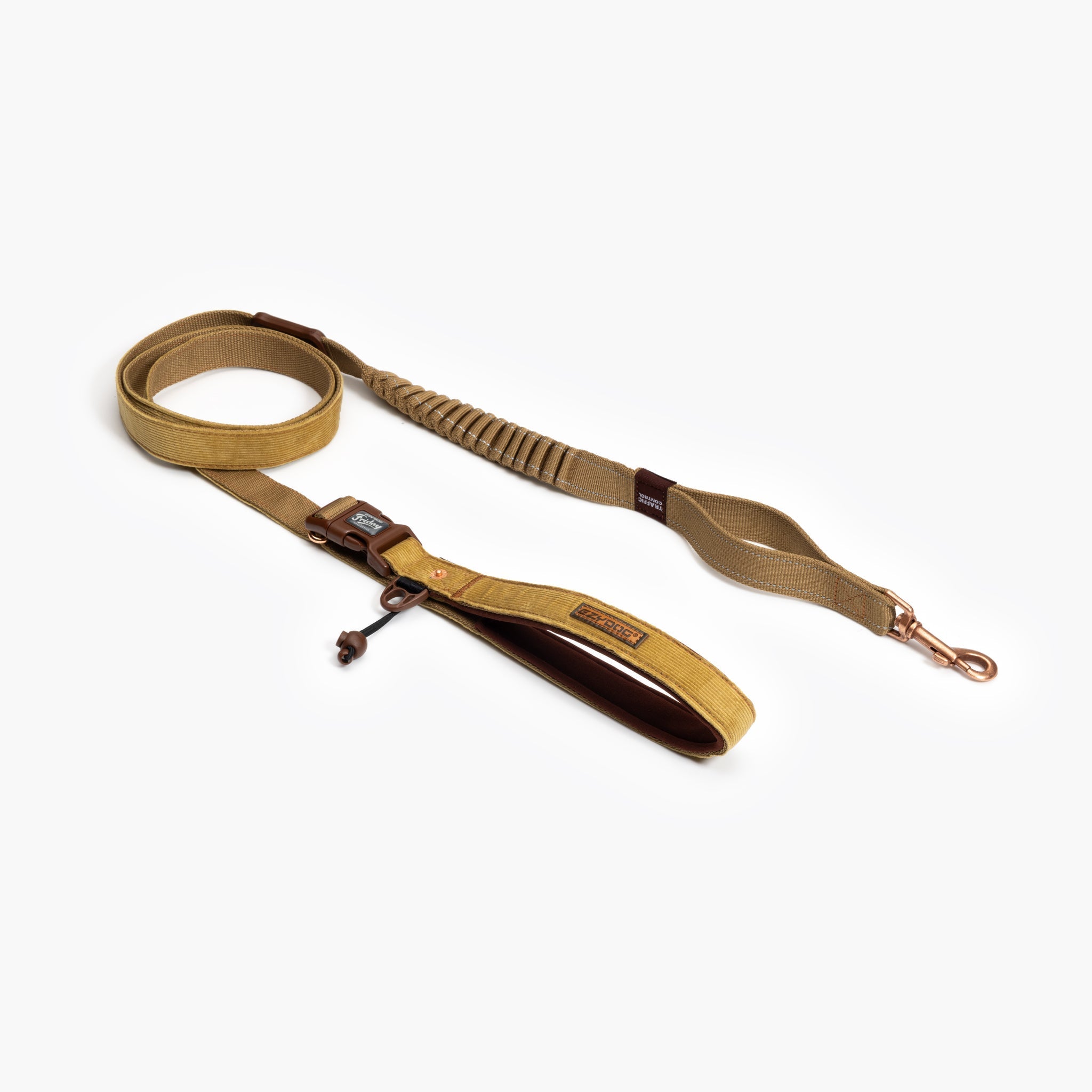 A corduroy dog leash with a neoprene-lined handle, featuring a sliding release buckle, D-ring, and barrel lock.